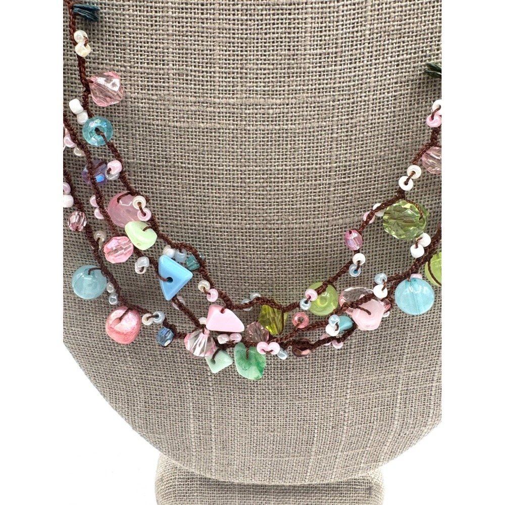 Boho Multi Strand Pastel Beaded Necklace UV Reactive Glass Pearl Mixed Media - Picture 5 of 10